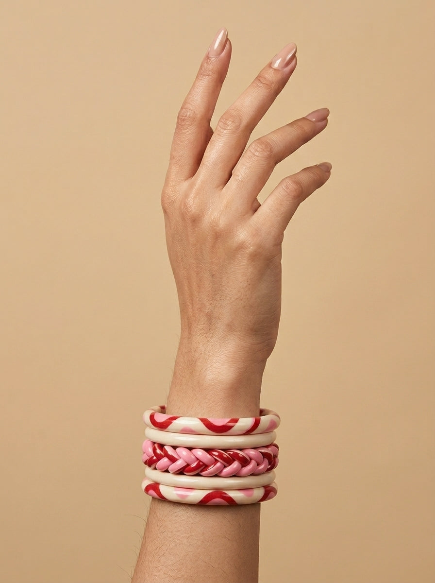 Crimson Veil Lac Bangle Set — Hand-Braided Lac Stack
