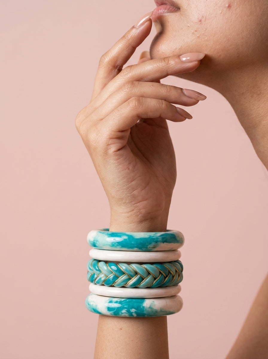 Turquoise Tide Lac Bangle Set — Hand-Braided Lac Stack