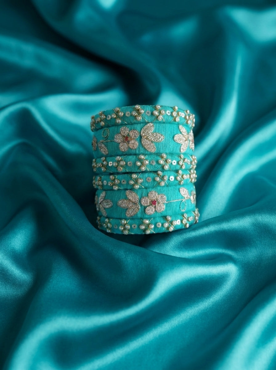 Zahvana Turquoise Bloom Handcrafted Zari & Sequin Bangle Stack