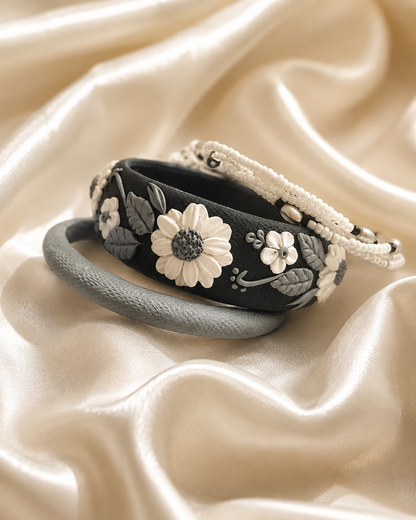 Monochrome Daisy Clay Bangle Set