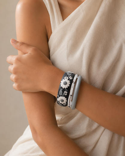 Monochrome Daisy Clay Bangle Set