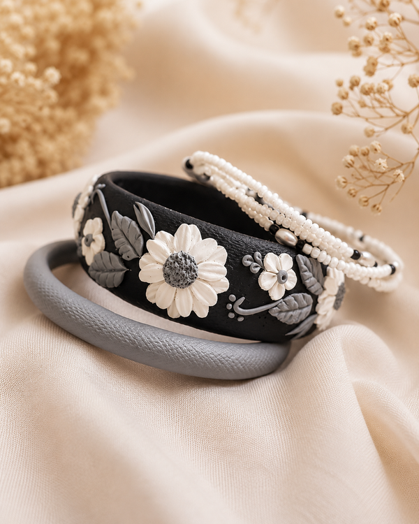 Monochrome Daisy Clay Bangle Set