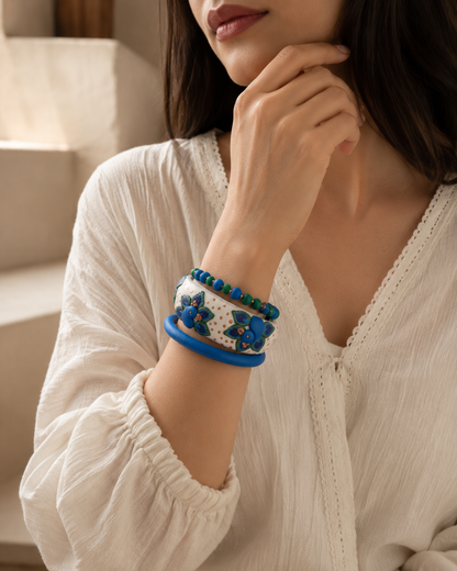 Blue Peacock Garden Clay Bangle