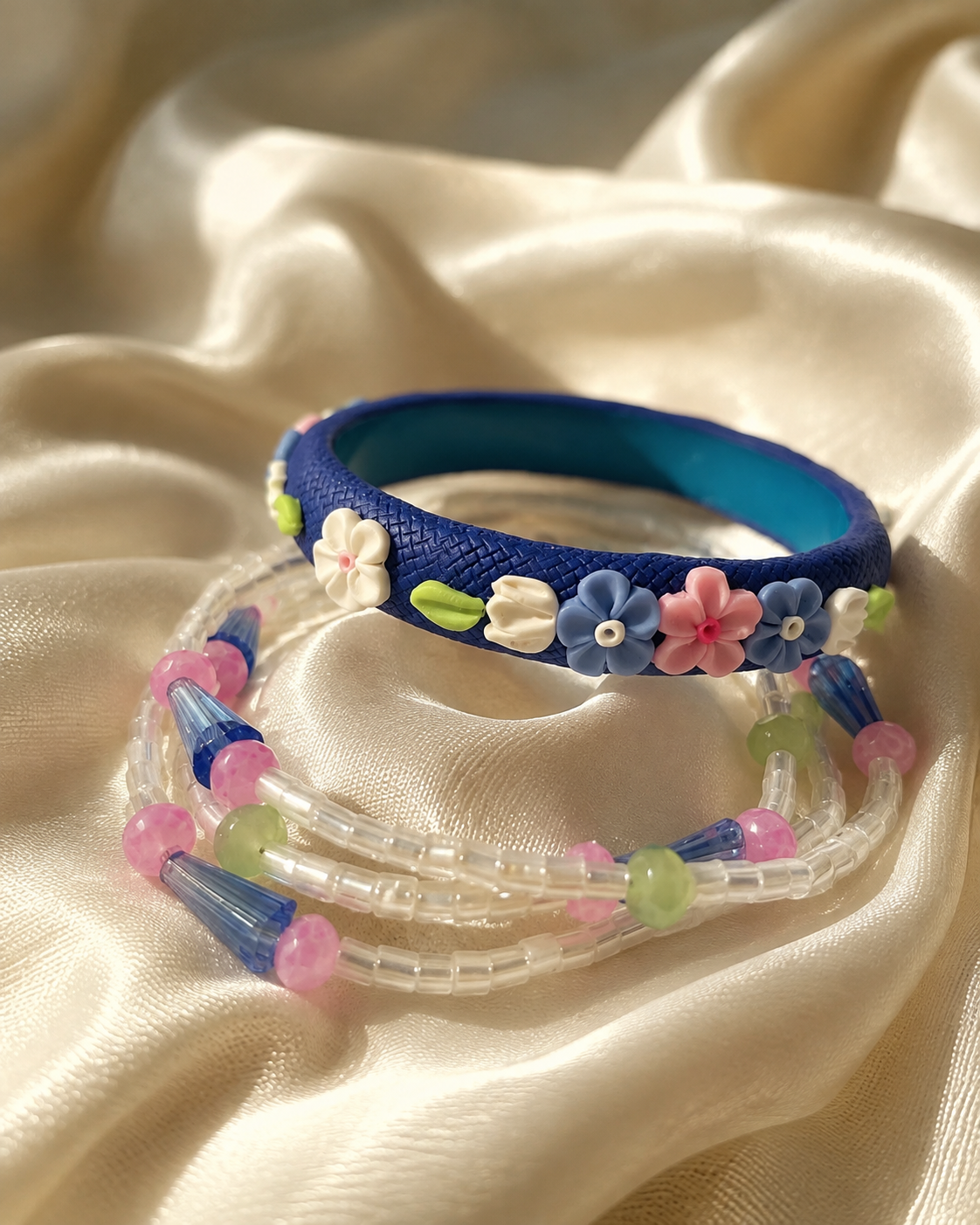 Blue Blossom Floral Beaded Bangle Set