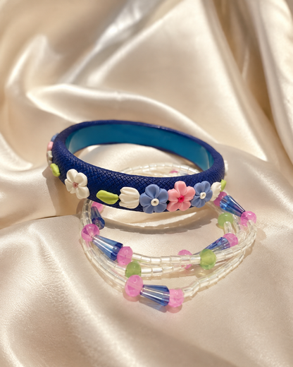 Blue Blossom Floral Beaded Bangle Set