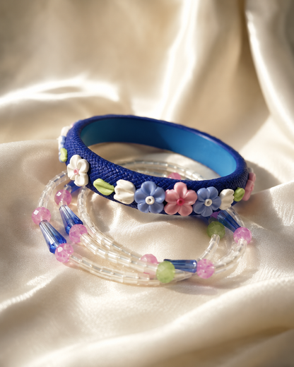 Blue Blossom Floral Beaded Bangle Set
