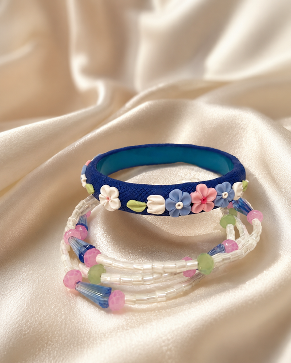 Blue Blossom Floral Beaded Bangle Set