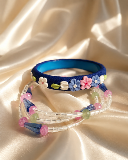 Blue Blossom Floral Beaded Bangle Set