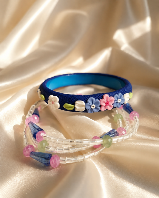 Blue Blossom Floral Beaded Bangle Set