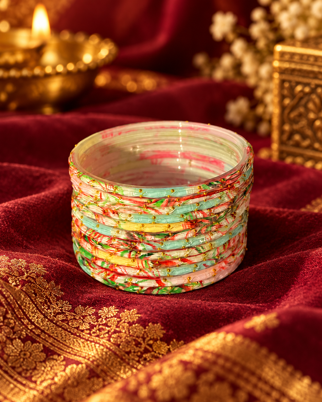 🌸 Multicolor Floral Fusion Glass Bangle Set