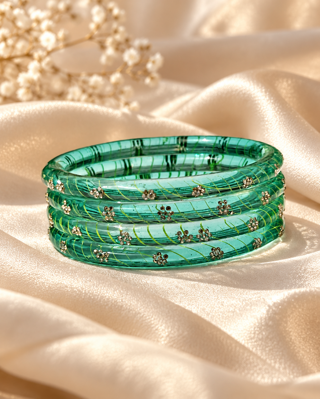 Emerald Bloom Crystal Glass Bangle Set