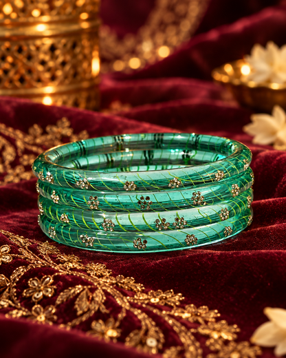 Emerald Bloom Crystal Glass Bangle Set