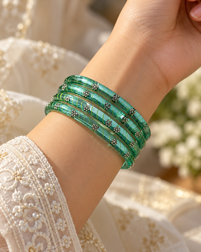 Emerald Bloom Crystal Glass Bangle Set