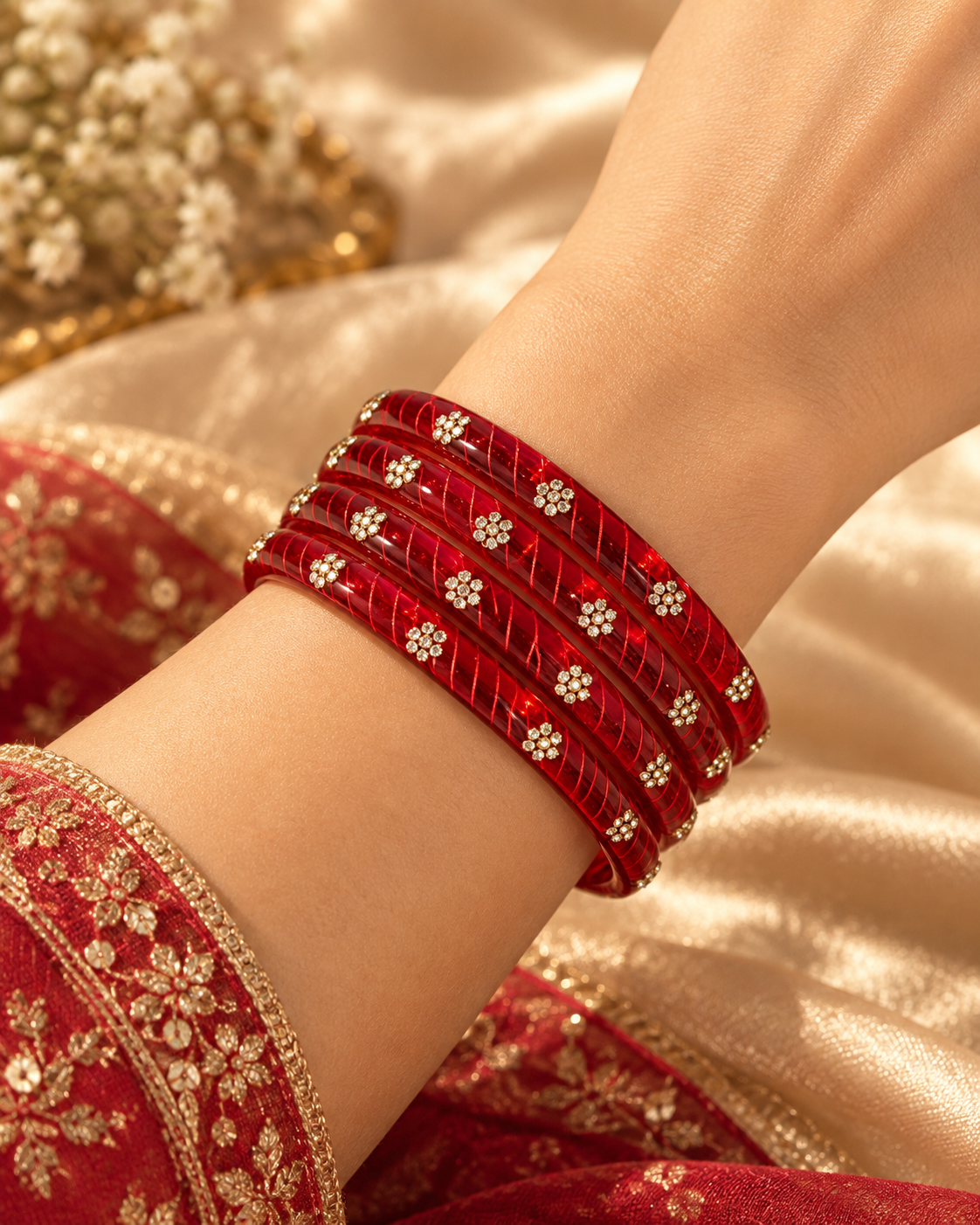 Ruby Red Bloom Crystal Glass Bangle