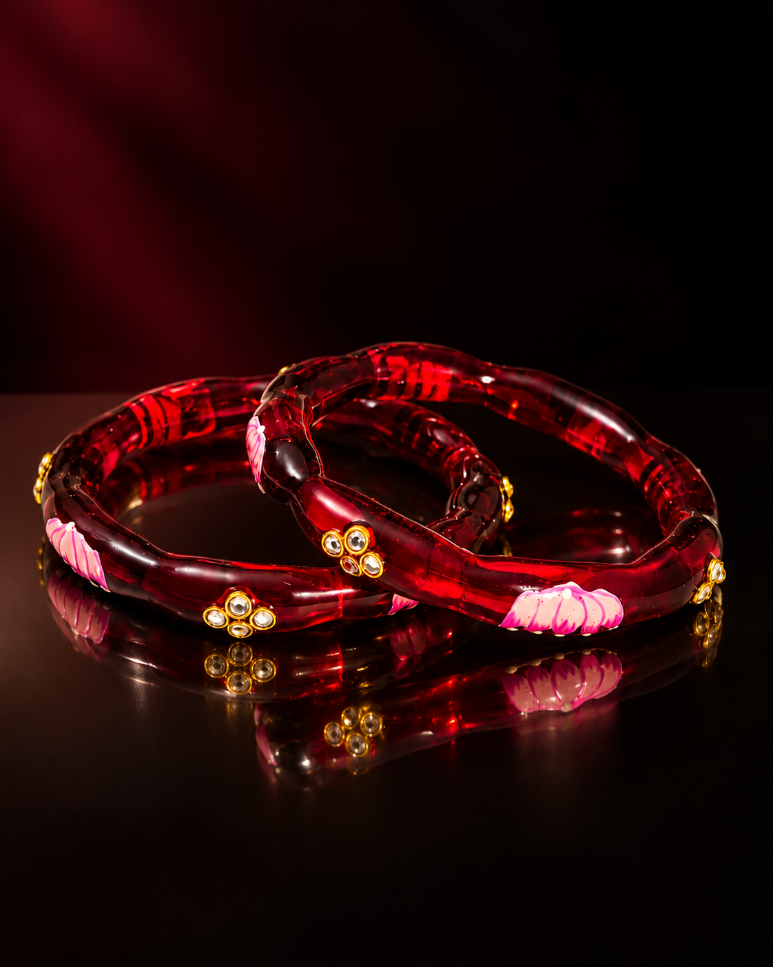Lotus Bloom Ruby Red Glass Bangles – 2 Piece Floral