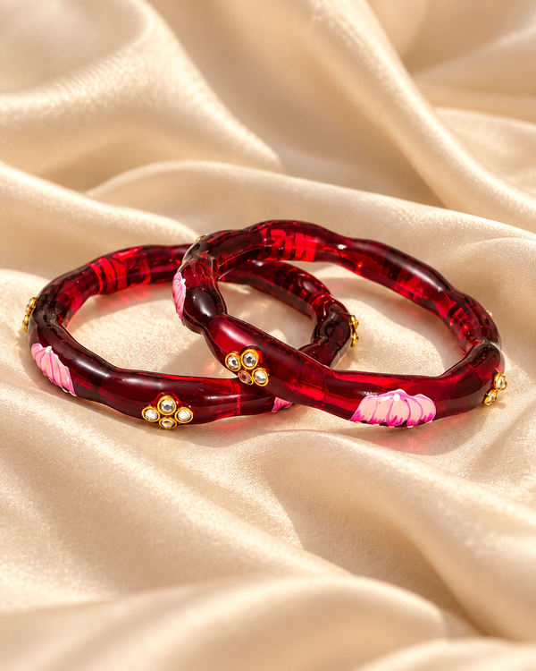Lotus Bloom Ruby Red Glass Bangles – 2 Piece Floral