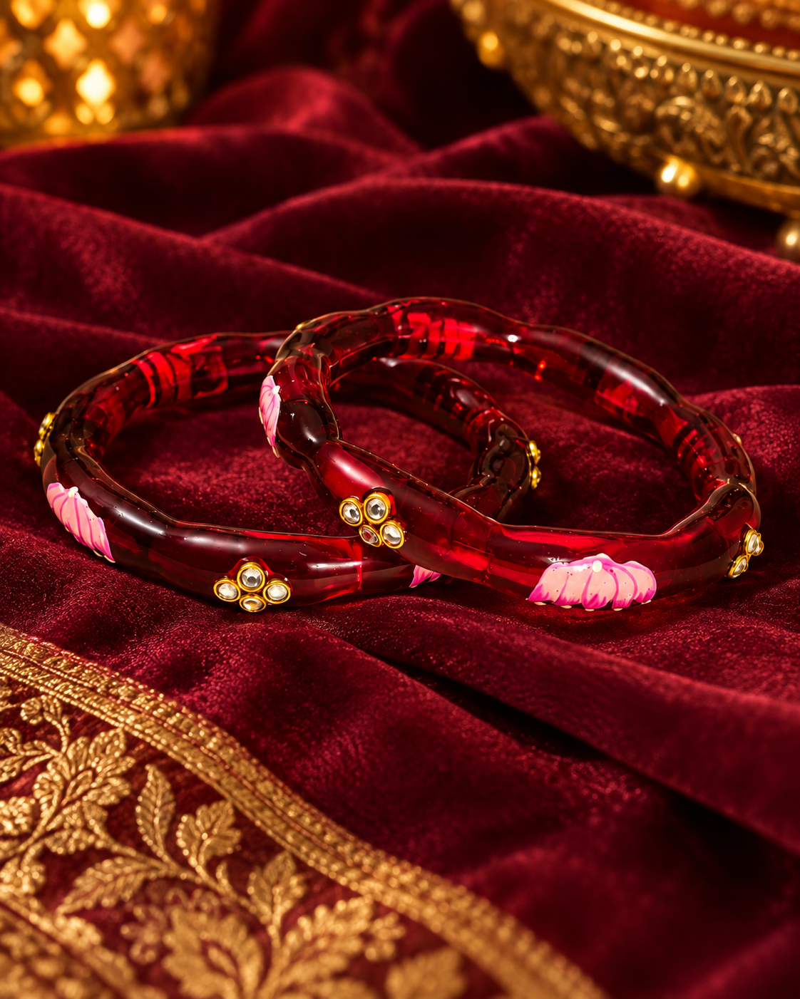 Lotus Bloom Ruby Red Glass Bangles – 2 Piece Floral