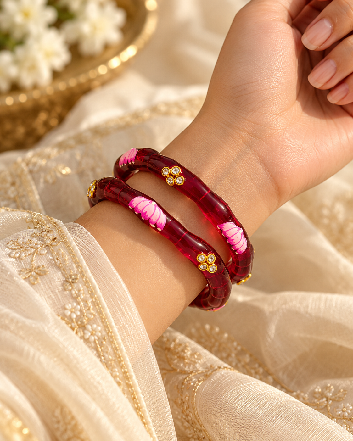Lotus Bloom Ruby Red Glass Bangles – 2 Piece Floral