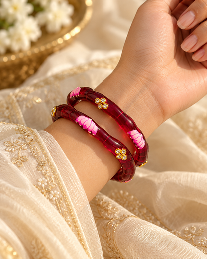 Lotus Bloom Ruby Red Glass Bangles – 2 Piece Floral