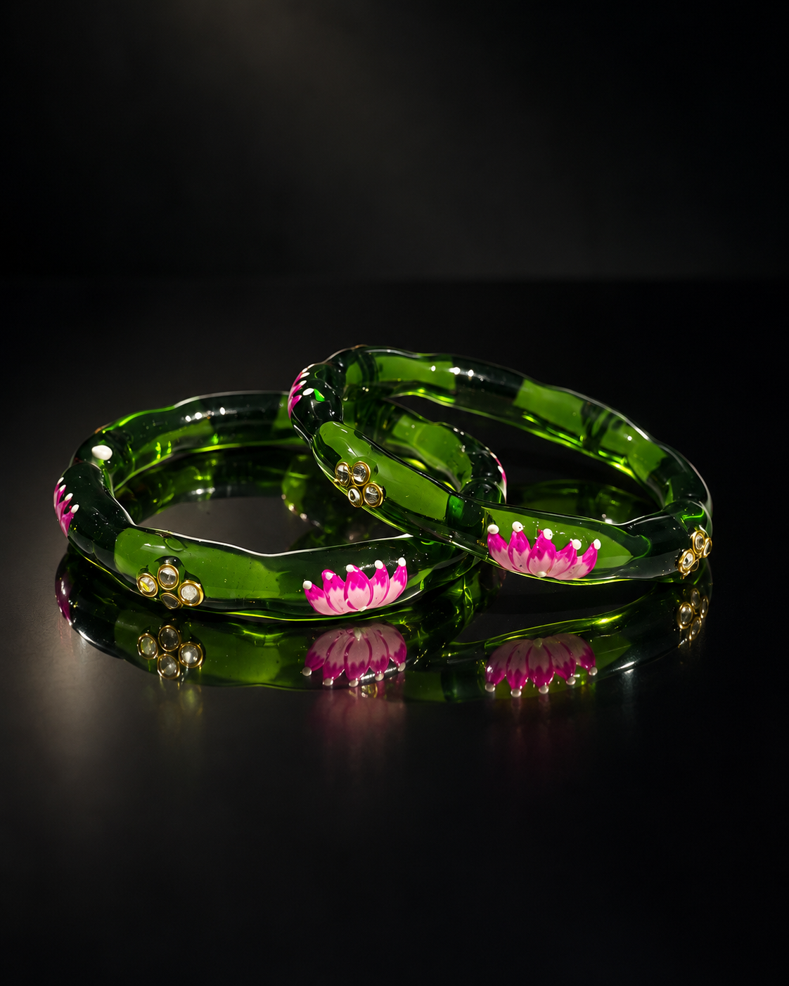 Lotus Bloom Emerald Green Glass Bangles – 2 Piece Floral