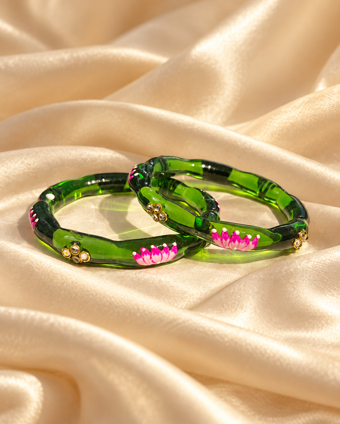 Lotus Bloom Emerald Green Glass Bangles – 2 Piece Floral