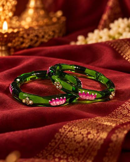 Lotus Bloom Emerald Green Glass Bangles – 2 Piece Floral