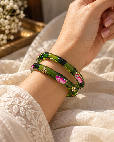 Lotus Bloom Emerald Green Glass Bangles – 2 Piece Floral