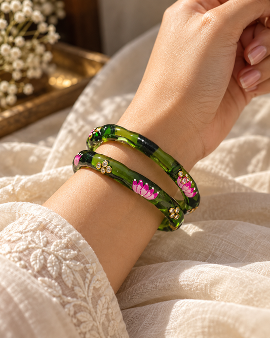 Lotus Bloom Emerald Green Glass Bangles – 2 Piece Floral