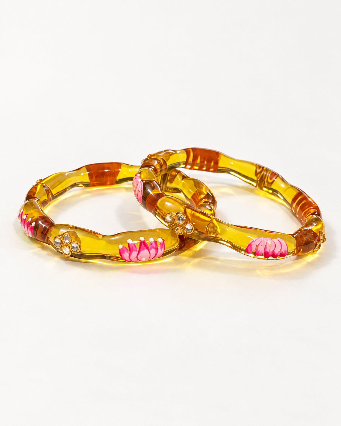 Lotus Bloom Golden Yellow Glass Bangles – 2 Piece Floral