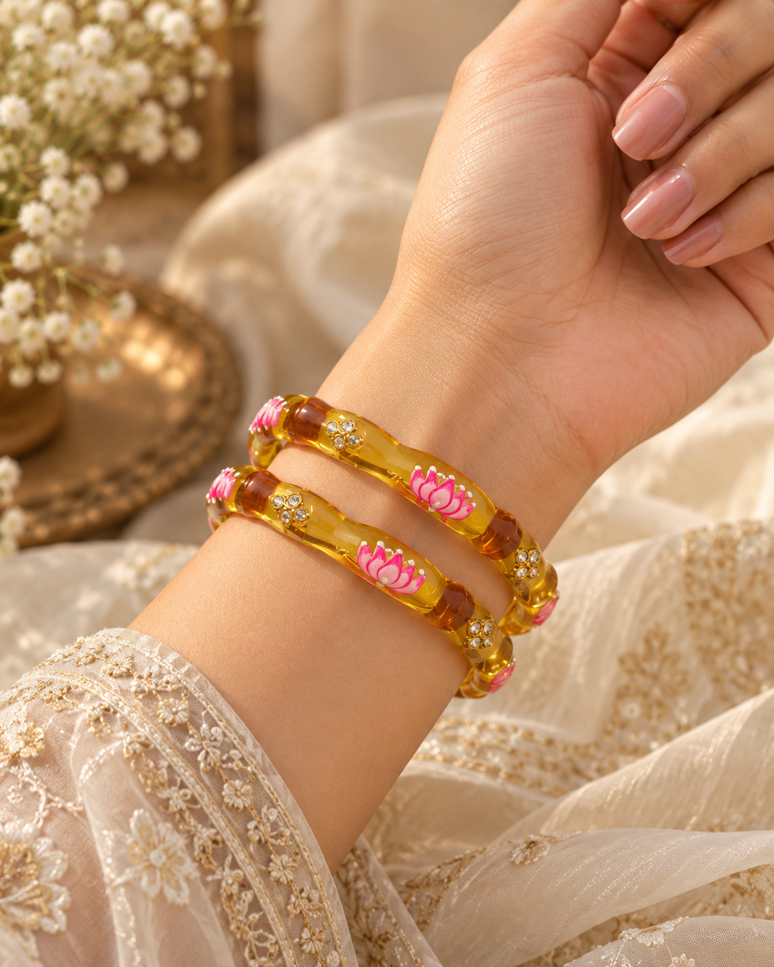 Lotus Bloom Golden Yellow Glass Bangles – 2 Piece Floral