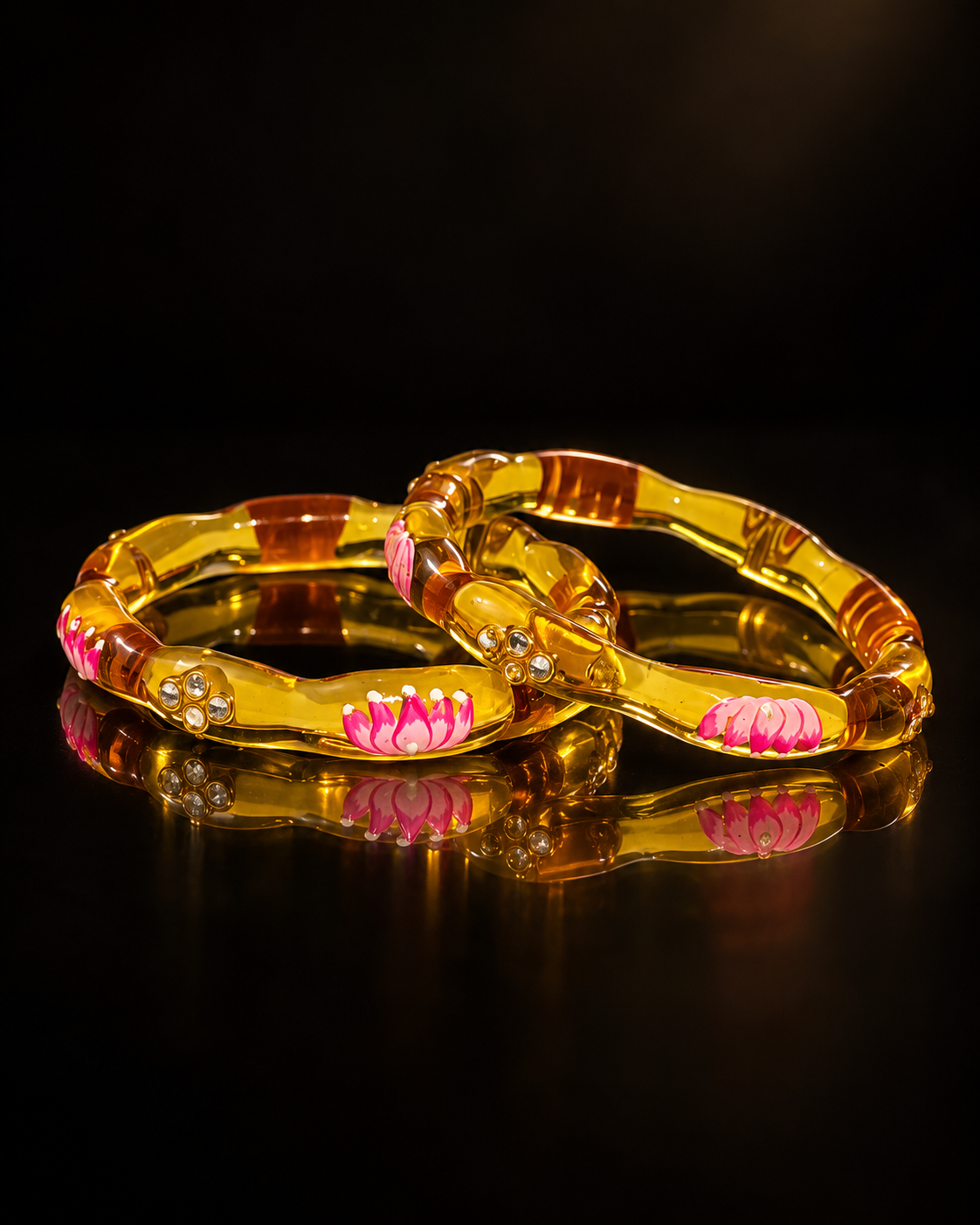 Lotus Bloom Golden Yellow Glass Bangles – 2 Piece Floral