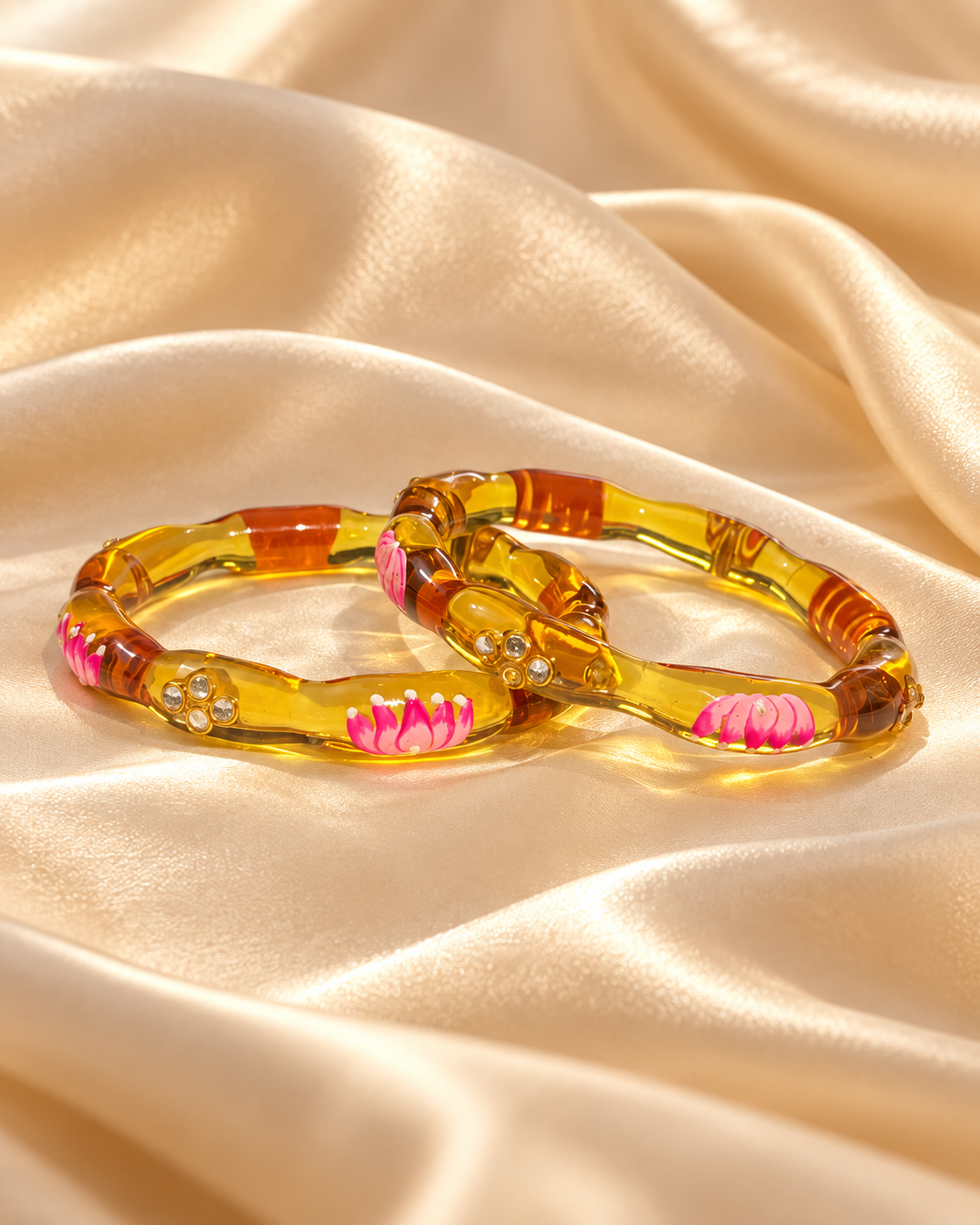 Lotus Bloom Golden Yellow Glass Bangles – 2 Piece Floral
