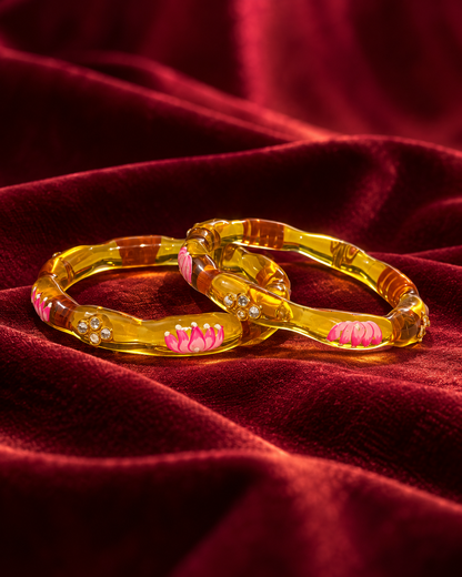 Lotus Bloom Golden Yellow Glass Bangles – 2 Piece Floral