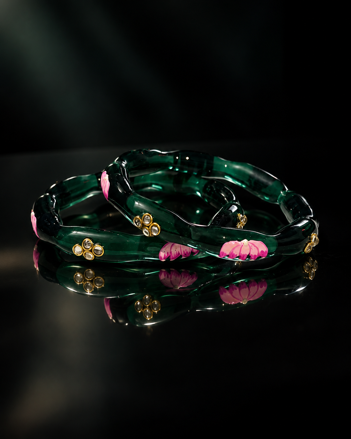 Lotus Bloom Forest Green Glass Bangles – 2 Piece Floral