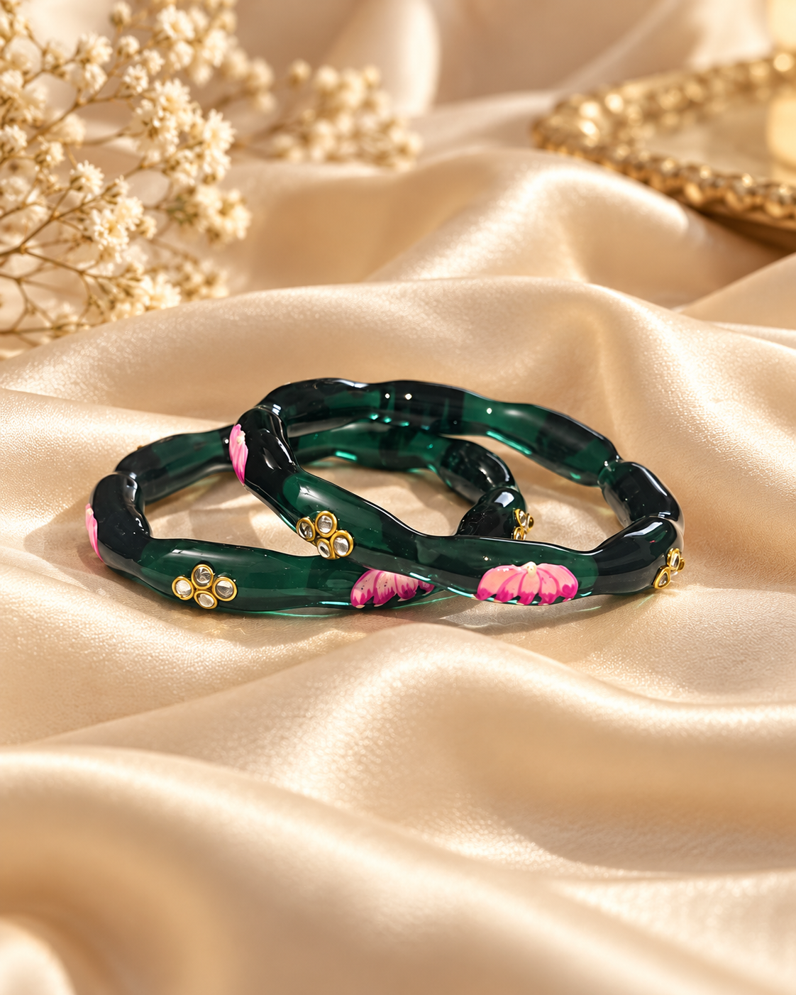Lotus Bloom Forest Green Glass Bangles – 2 Piece Floral
