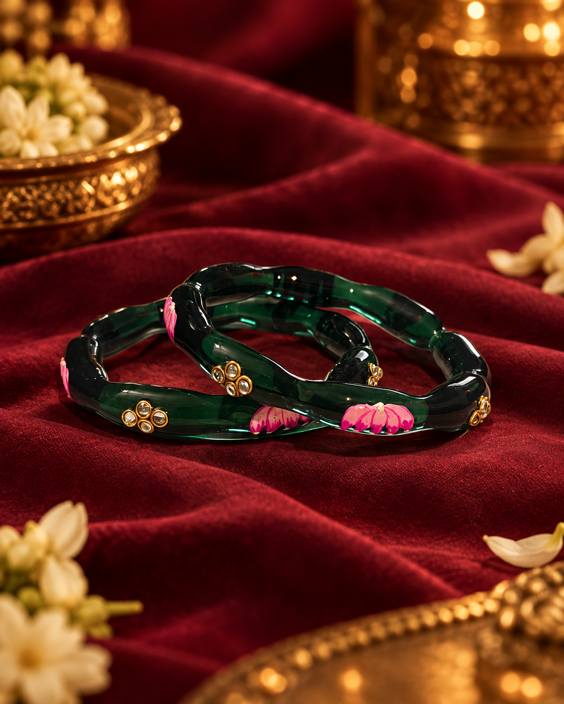 Lotus Bloom Forest Green Glass Bangles – 2 Piece Floral