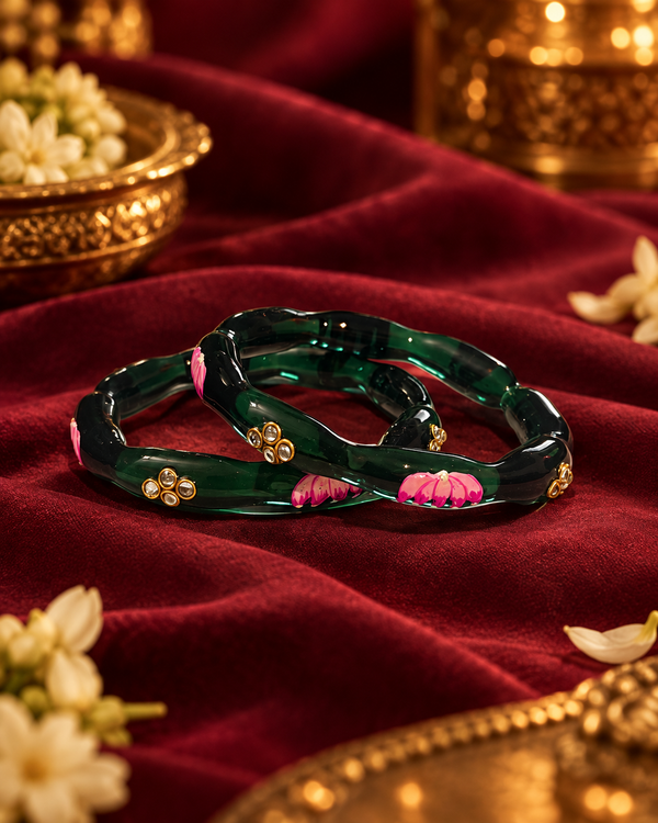 Lotus Bloom Forest Green Glass Bangles – 2 Piece Floral