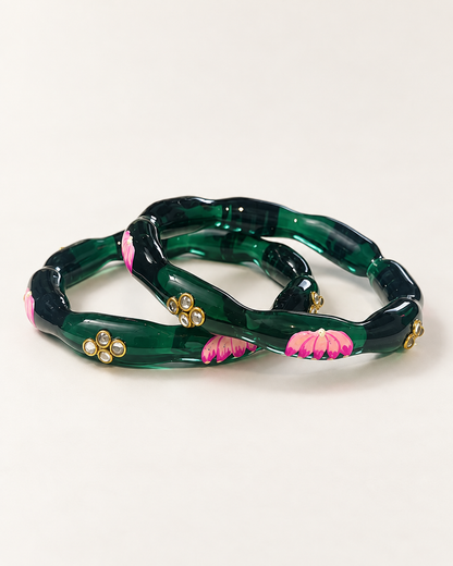 Lotus Bloom Forest Green Glass Bangles – 2 Piece Floral