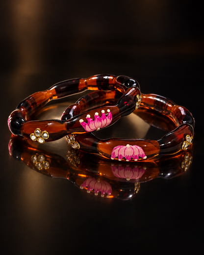Lotus Bloom Chocolate Brown Glass Bangles – 2 Piece Floral