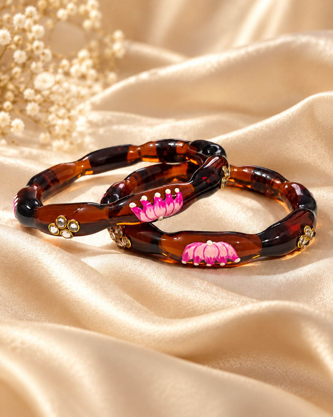 Lotus Bloom Chocolate Brown Glass Bangles – 2 Piece Floral