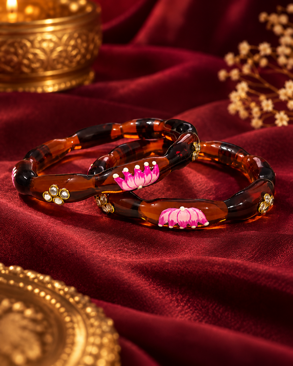 Lotus Bloom Chocolate Brown Glass Bangles – 2 Piece Floral