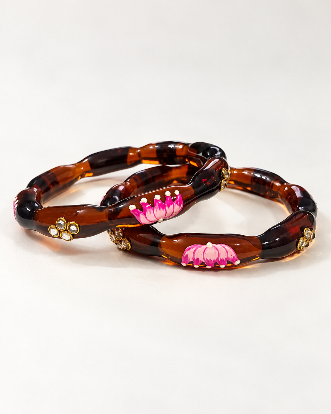 Lotus Bloom Chocolate Brown Glass Bangles – 2 Piece Floral