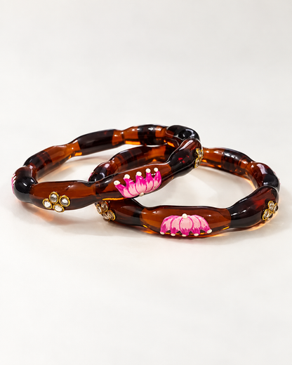 Lotus Bloom Chocolate Brown Glass Bangles – 2 Piece Floral
