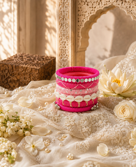 Rani Pink Shell & Mirror Thread Bangles