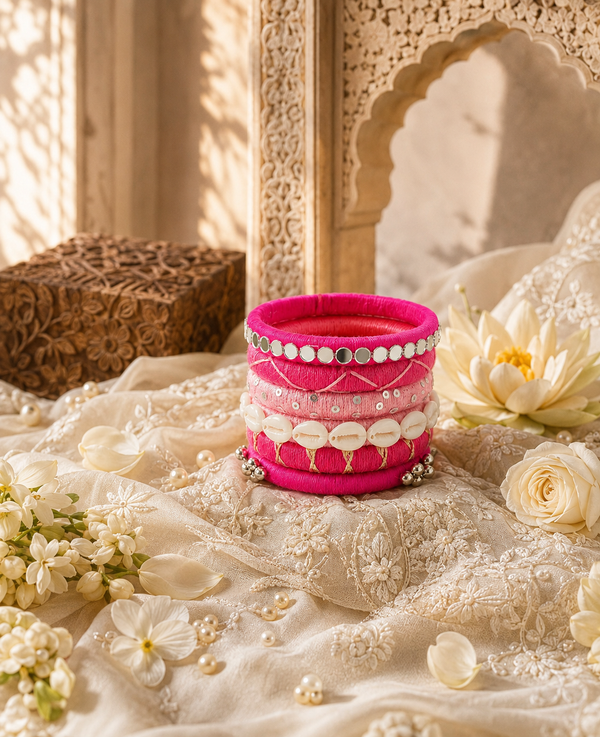 Rani Pink Shell & Mirror Thread Bangles