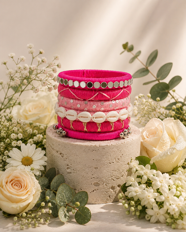 Rani Pink Shell & Mirror Thread Bangles