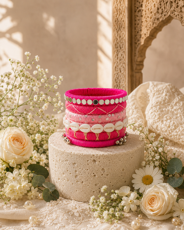 Rani Pink Shell & Mirror Thread Bangles