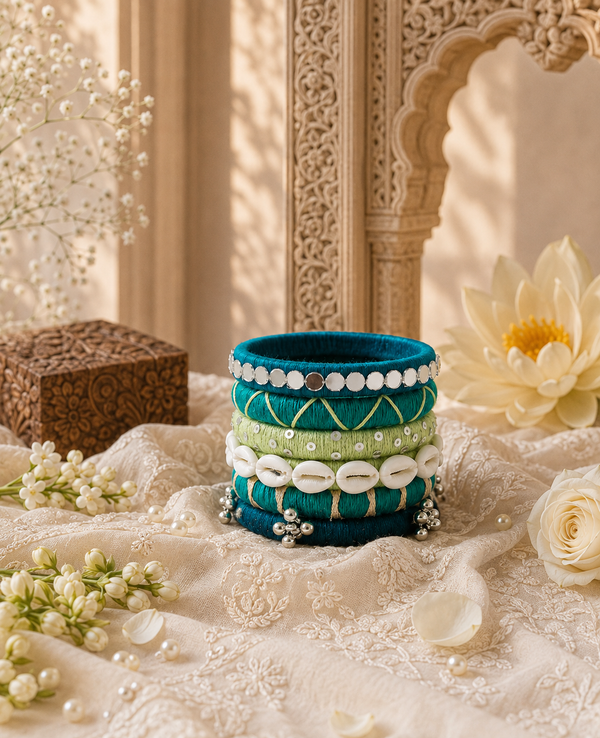 Teal Green Shell & Mirror Thread Bangles