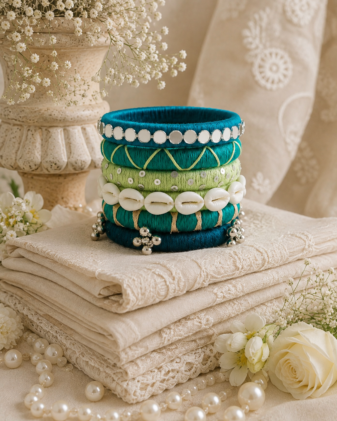 Teal Green Shell & Mirror Thread Bangles