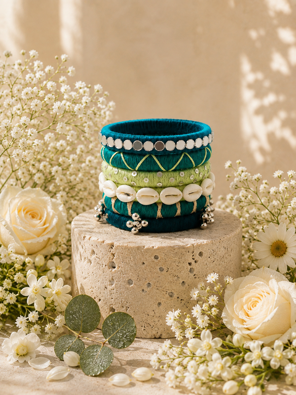 Teal Green Shell & Mirror Thread Bangles